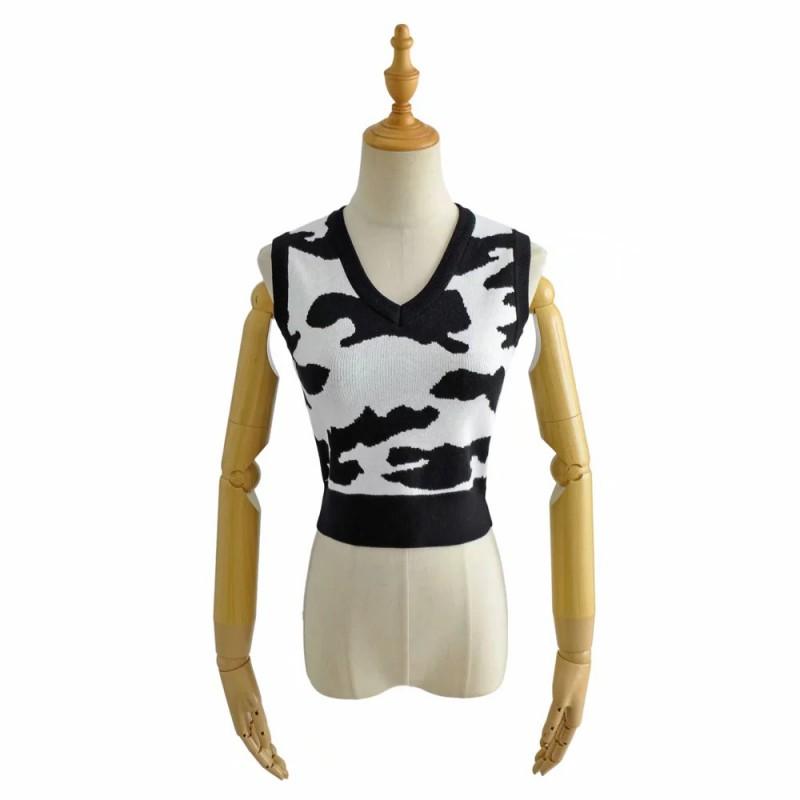 Womens Knit Cow Print Cropped Vest Streetwear Sleeveless Top Casual Lightweight Outerwear