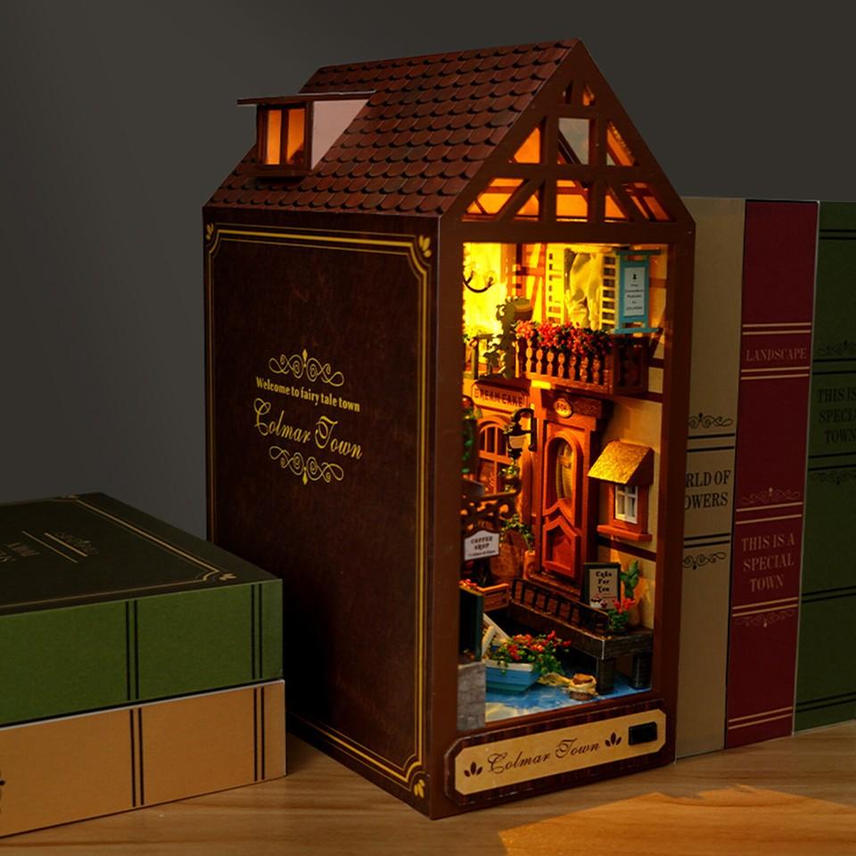 DIY Book Nook Kit 3D Wooden Puzzle Bookshelf Decor Miniature House with LED Light