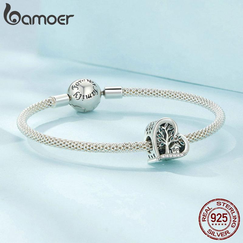 Bamoer 925 Silver Green Transparent Clover Beads The Tree of Life Family Pendant Plant Charms for Women Necklace DIY