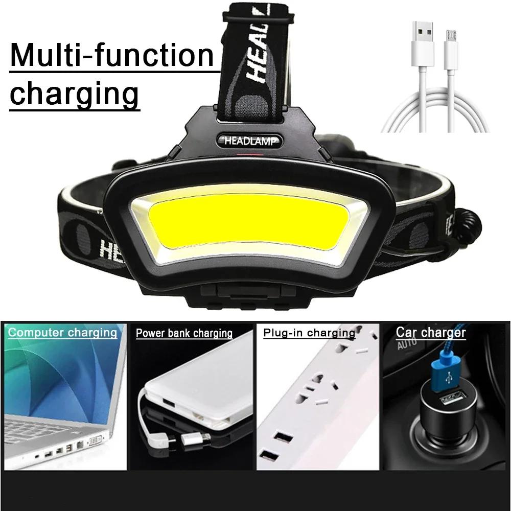 KDULIT Powerful COB LED Headlamp 4 Lighting Modes Head Flashlight USB Rechargeable Use 18650 Battery Camping Fishing Headlight