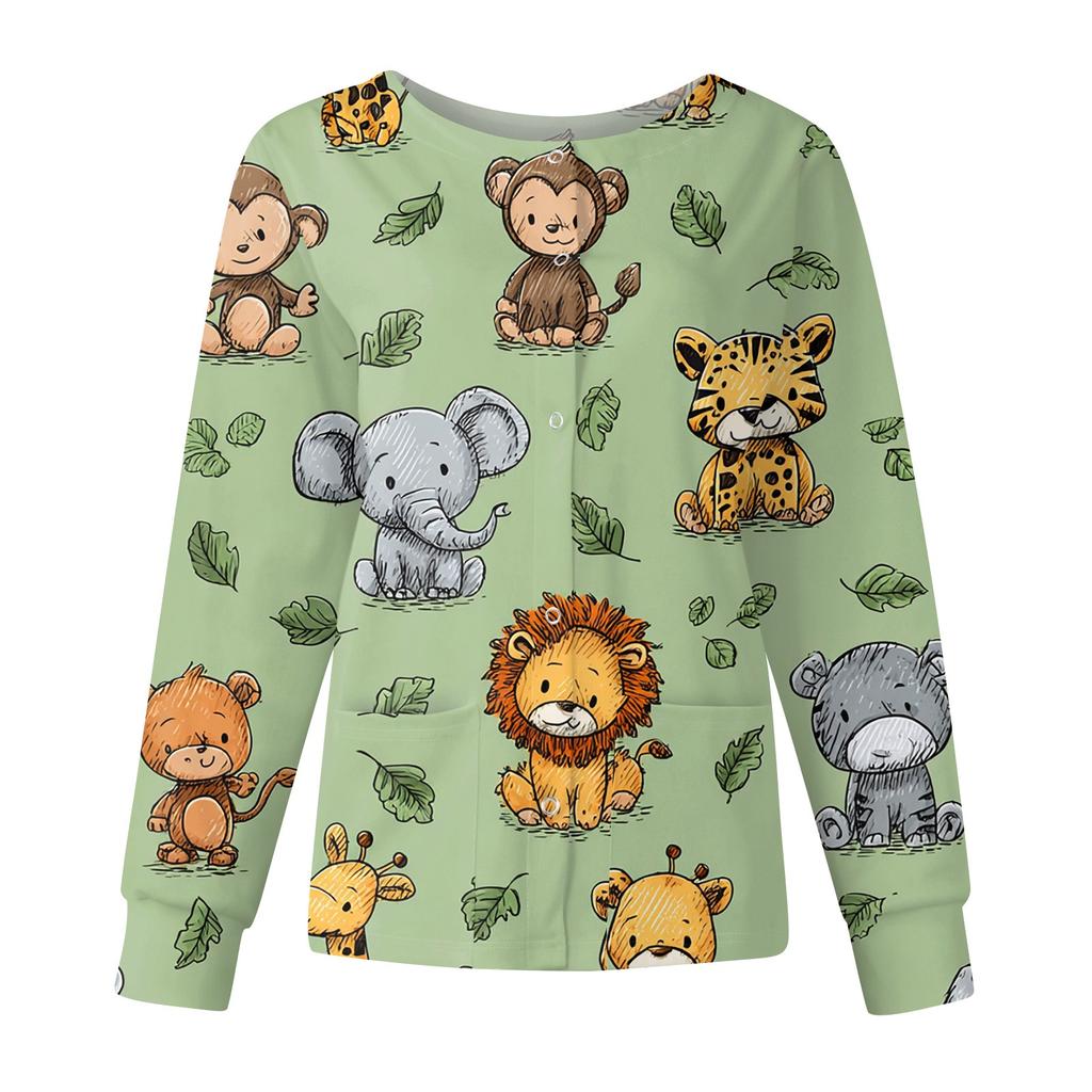 Damen Casual Mode Langarm Stehkragen Einreiher Niedlich Tierisch Bedruckt Arbeitsjacke Oberteile