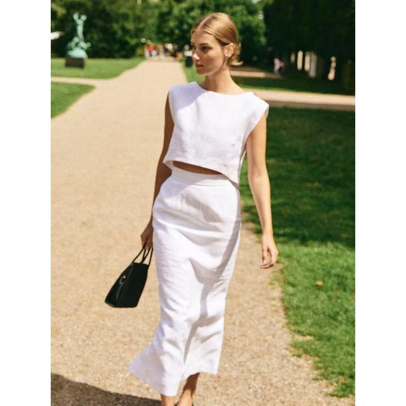 

Western Style New Fashion Casual Loose Vest Skirt Two-Piece Tank Top and Skirt Set White L