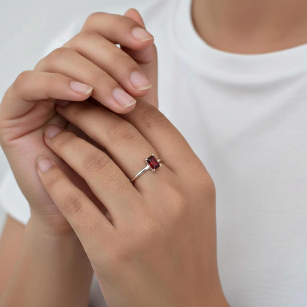 Red Garnet Octagon Cut Gemstone Statement Ring, 925 Sterling Silver, Minimalist Stacking Ring for Women
