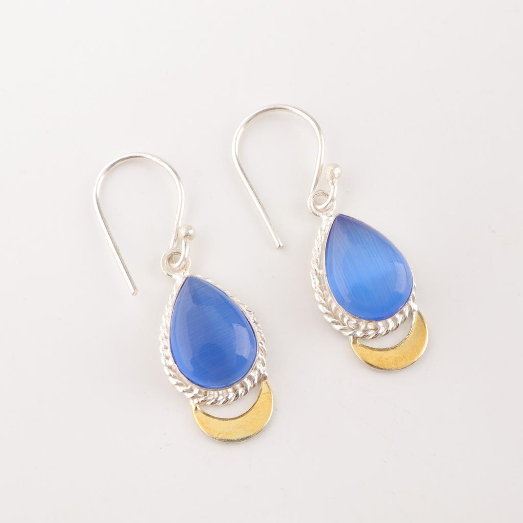 Dark Blue Cat's Eye Gemstone 925 Sterling Silver Jewelry Handmade Earrings 1.5" EE-162-37