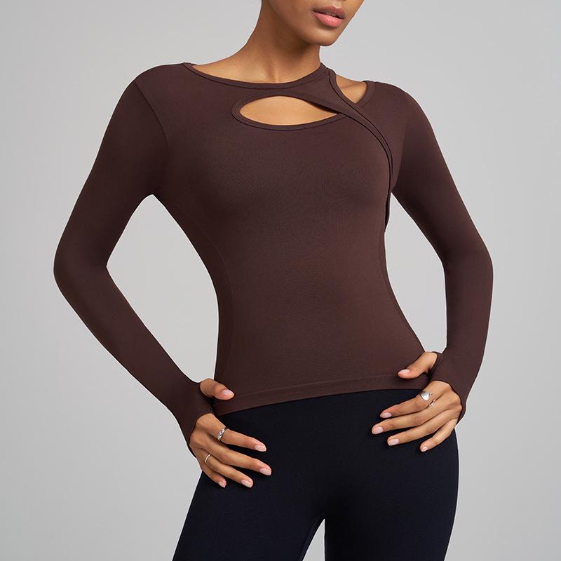 

JOOMON Women s Quick-Dry Fitness Wear: Long Sleeve Yoga Top with Chest Pads & Hollow Design for Autumn/Winter. Extra Large
