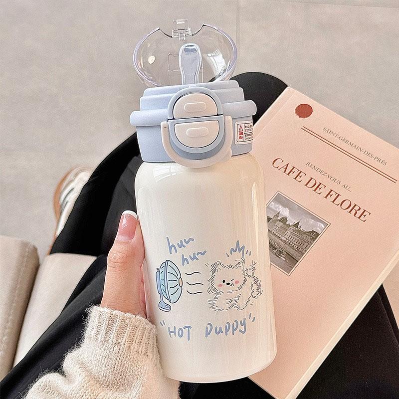 Kids Stainless Steel Water Bottle 500ml Double Drink Straw Cup 316 Insulated Thermos Girls School Portable