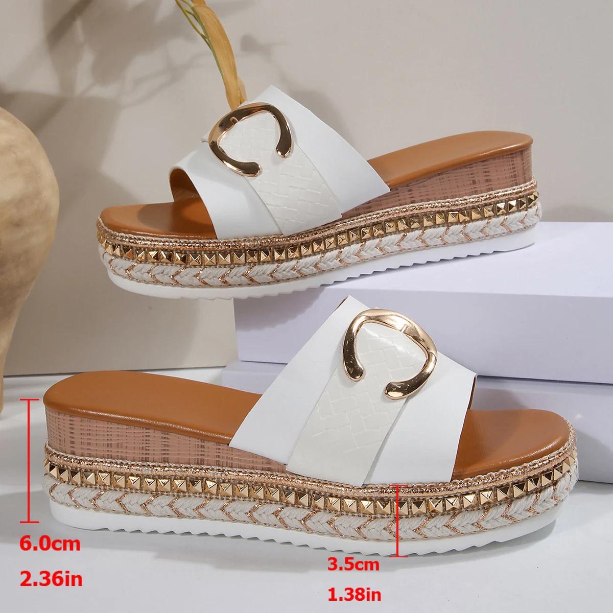 

Металлические сандалии-слайдеры с пряжкой, женские, большого размера 43, модные, с заклепками, на танкетке, женские, с металлическим декором, на платформе, летние сандалии 43 белый
