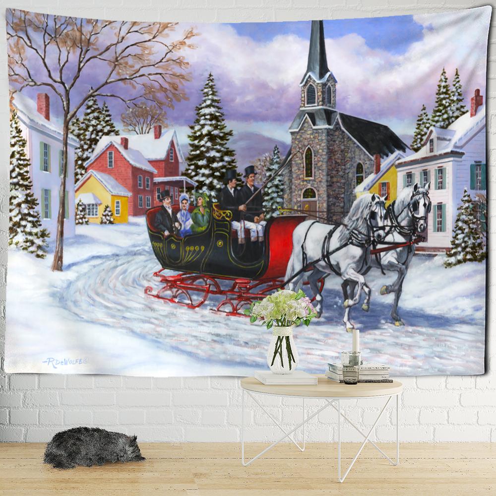 Christmas Snowy Night Travel Map Tapestry Wall Hanging Psychedelic Forest House Illustration Home Living Room Decor