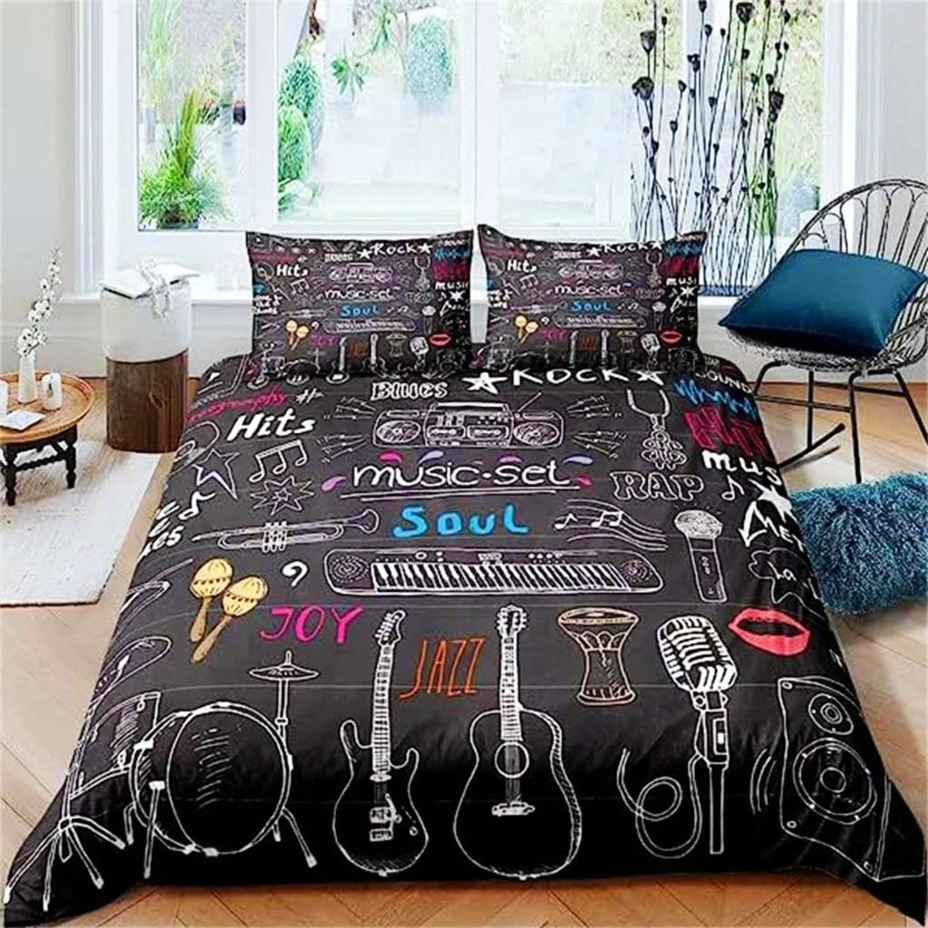 3D Rock Music Themed Guitar Colorful Duvet Cover Fire And Water Bedding Set Modern Gorgeous Microfiber Polyester For Boy Gifts