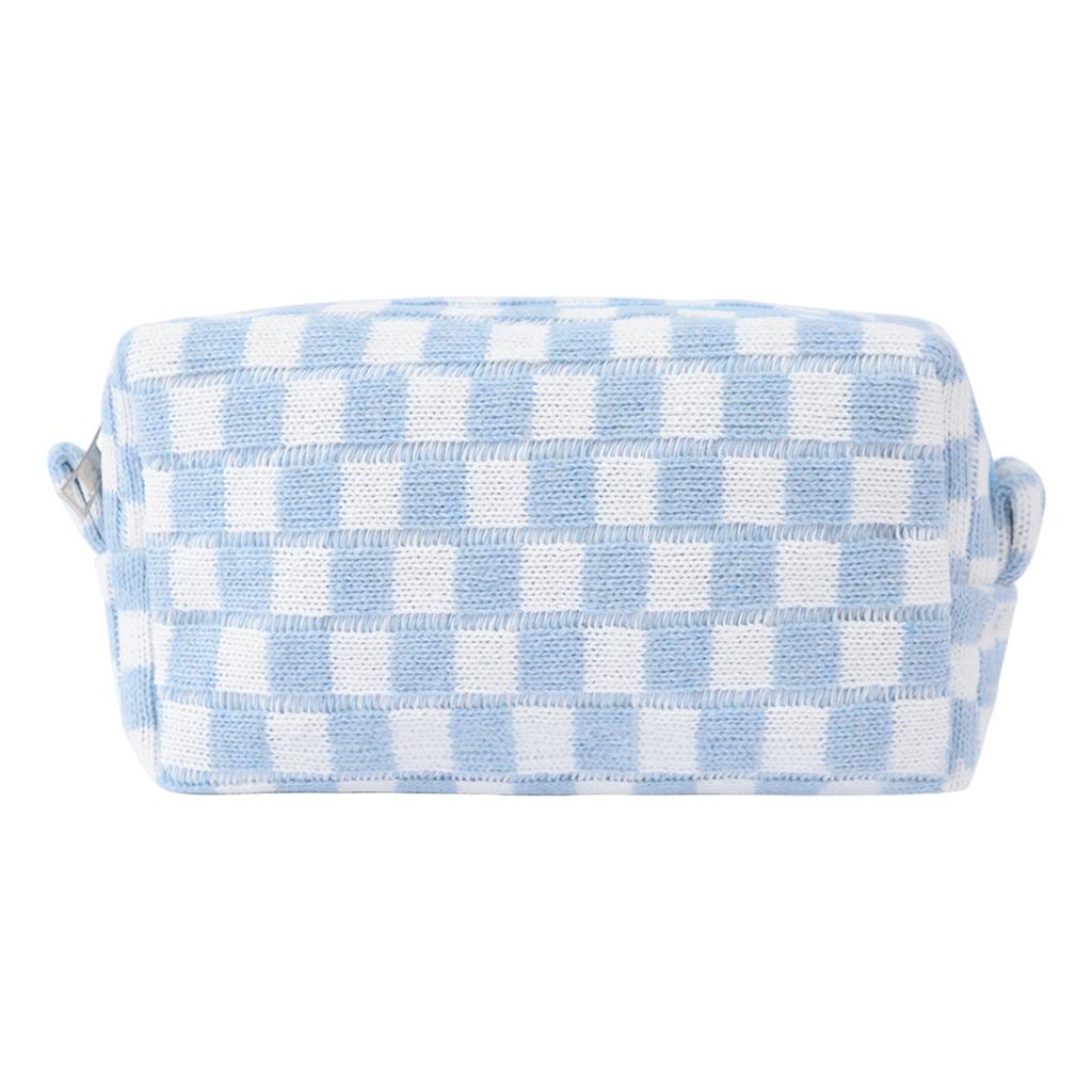 Ladies Small Knitted Zipper Closure Cosmetic Bag Plaid Pencil Case Travel Soft Checkered Makeup Pouch