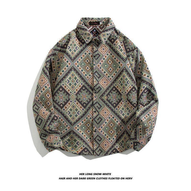Men's Cuban Vintage Retro Long Sleeve Shirt Japanese Ethnic Style Autumn Winter Casual Button Down
