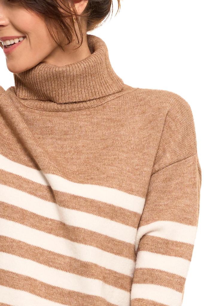 Women's Classic Long Sleeve Striped Turtleneck Sweater MORAJ M BEIGE