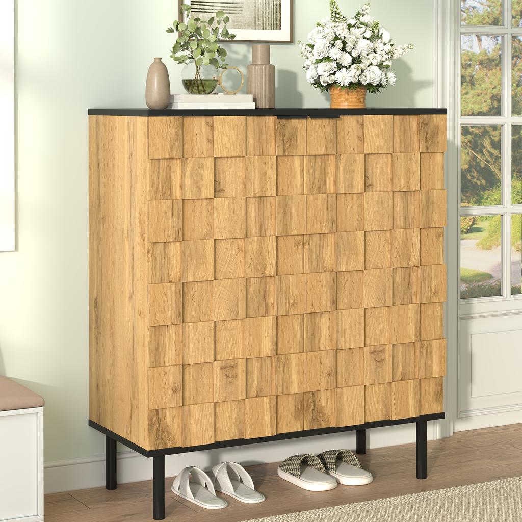 Mosaik Schuhschrank, 2-türiges Schuhregal, Aufbewahrungsschrank für den Flur, Holzoptik, Spanplatte, Metallfüße, Höhenverstellbare Fächer
