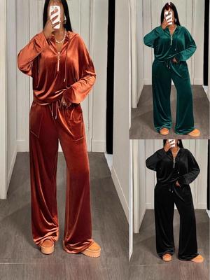 2025 Women's Two-Piece Korean Velvet Casual Sports Set: Hooded Sweatshirt & Pants
