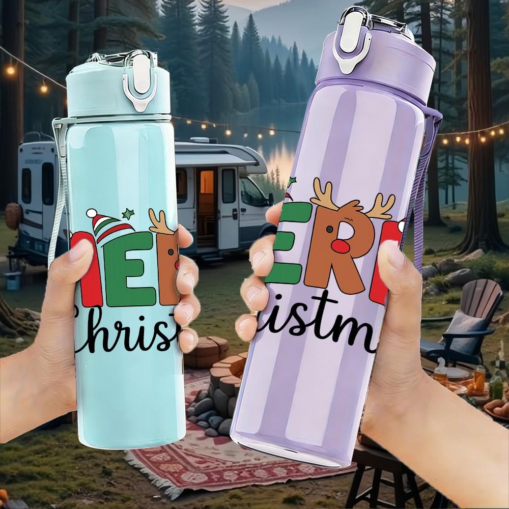 1PC Merry Christmas Text Retro 750ml Color Plastic Sports Water Bottle Leakproof Flip Straw Lid Suitable for Sports Office Home Use