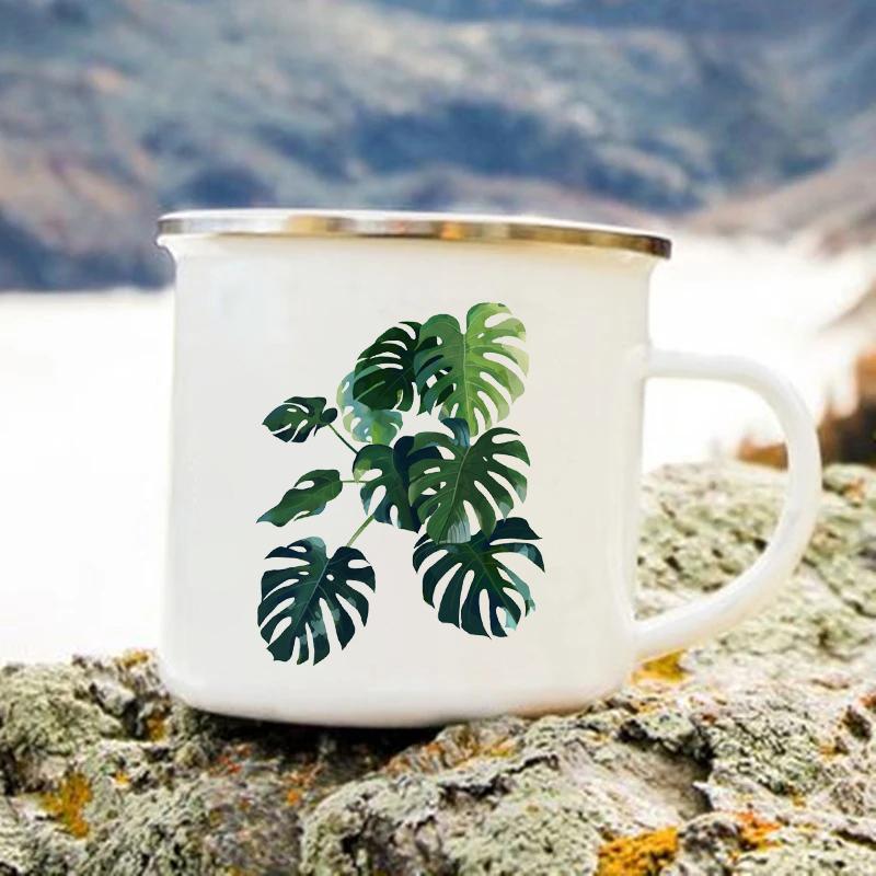 

Personalized Gifts Green Tropical Leaf Printing Enamel Coffee Mug Durable Metal Cup Mugs Coffee Cups Original Breakfast Cups Bar 360ml