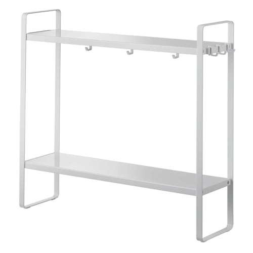 Yamazaki Tower, a two-tier stovetop storage rack with a wipe-down surface, white, approximately 50cm W x 14cm D x 48.5cm H, perfect for narrow spaces,