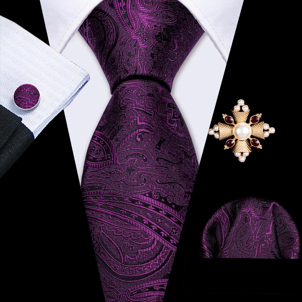 Pearl Brooch with Silk Tie for Men Vintage Floral Teal Necktie Hanky Cufflinks Gift Formal Set