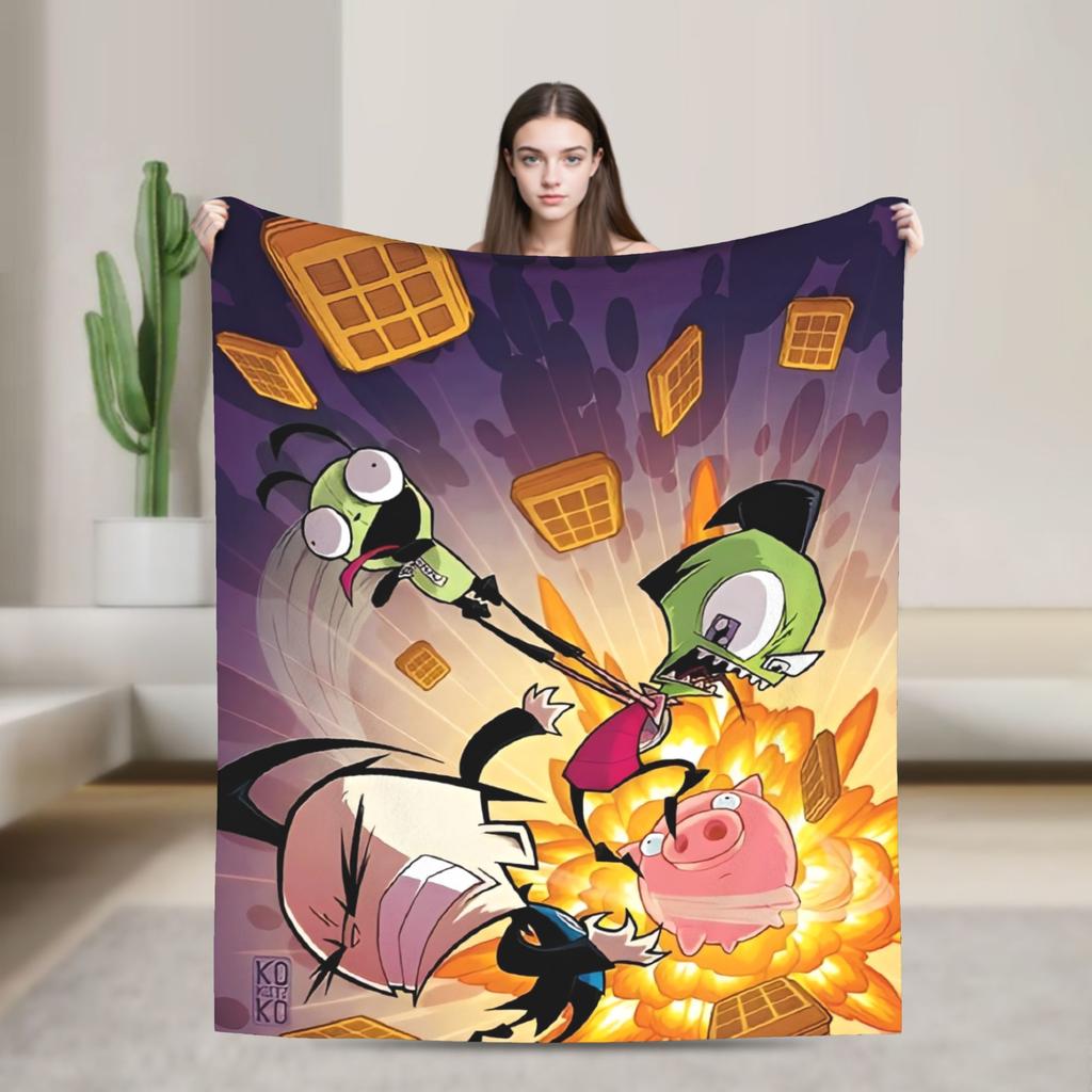 Gir Invader Zim Cartoon  Throw Blanket  Flannel Bedspread For Couch Chair Sofa Bed Funny Sofa Bed Cover