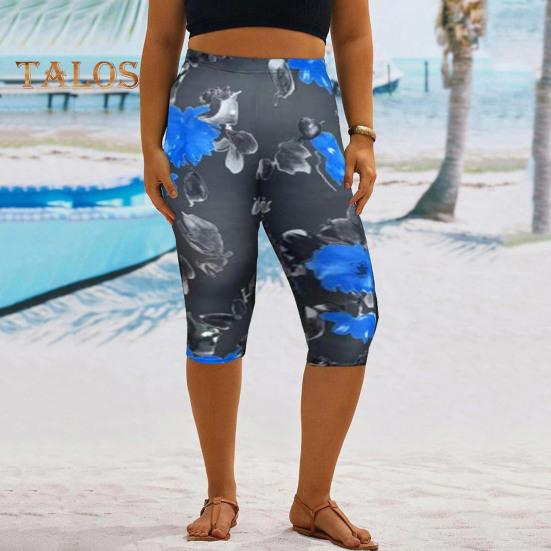 Women Cropped Pants Elastic High Waist Digital Flower Print Mid-calf Length Pants Tight Fit Cropped Trousers