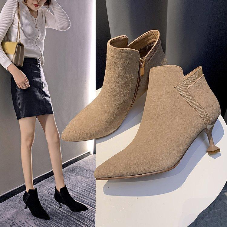 Short Boots with Women's Low-heeled Shoes Side Zipper Suede Surface High Heel Fabric Pointed Toe Shoes Suede Short Booties