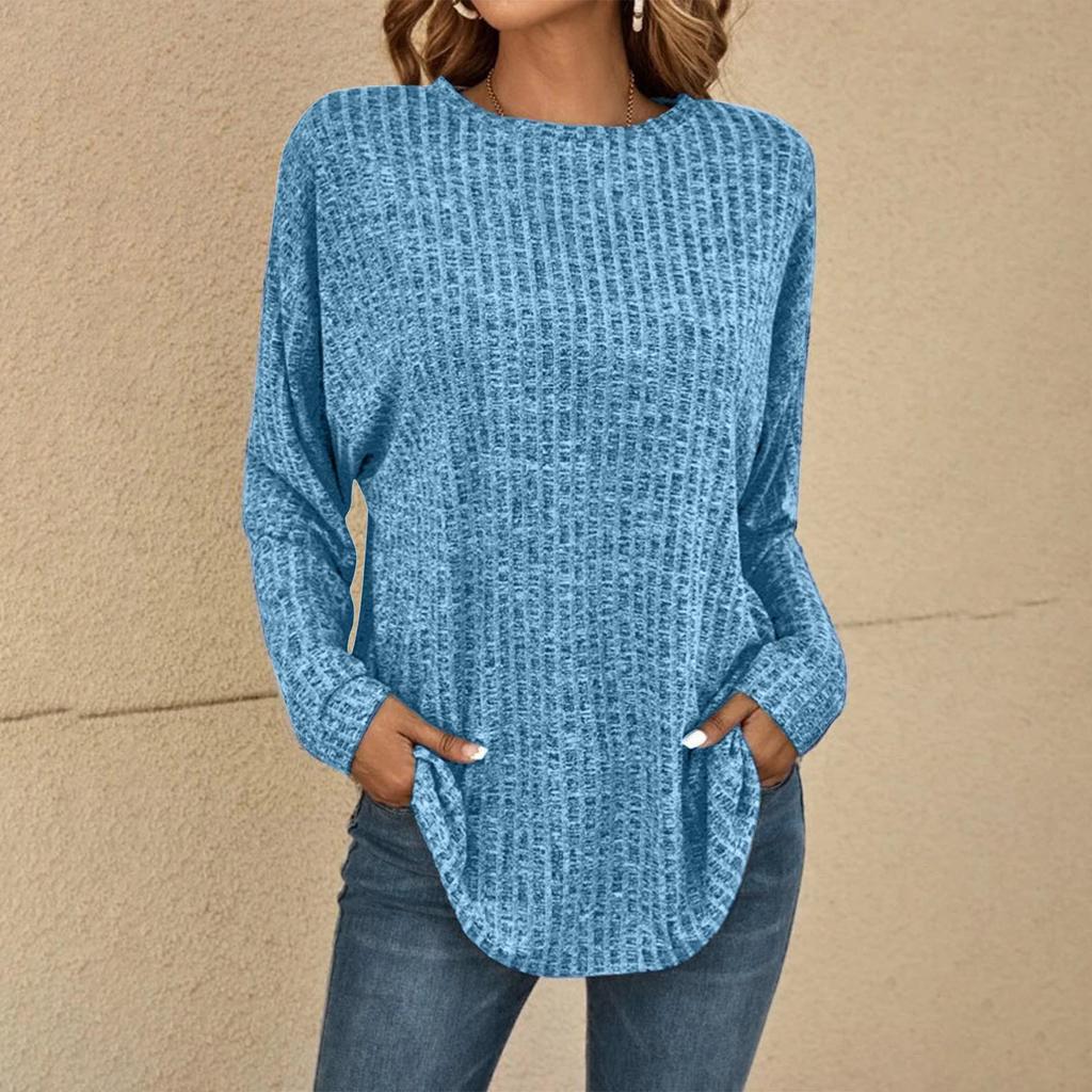 Women's Casual Knit Pullover Sweater Long Sleeve Loose Fit Round Neck Ribbed Texture Oversized Top for Everyday Wear
