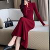 Vintage Red Improved Cheongsam Knitted Dress Muse Fan Elegant Temperament Meat Cover Sweater Bottom Long Dress Large Size