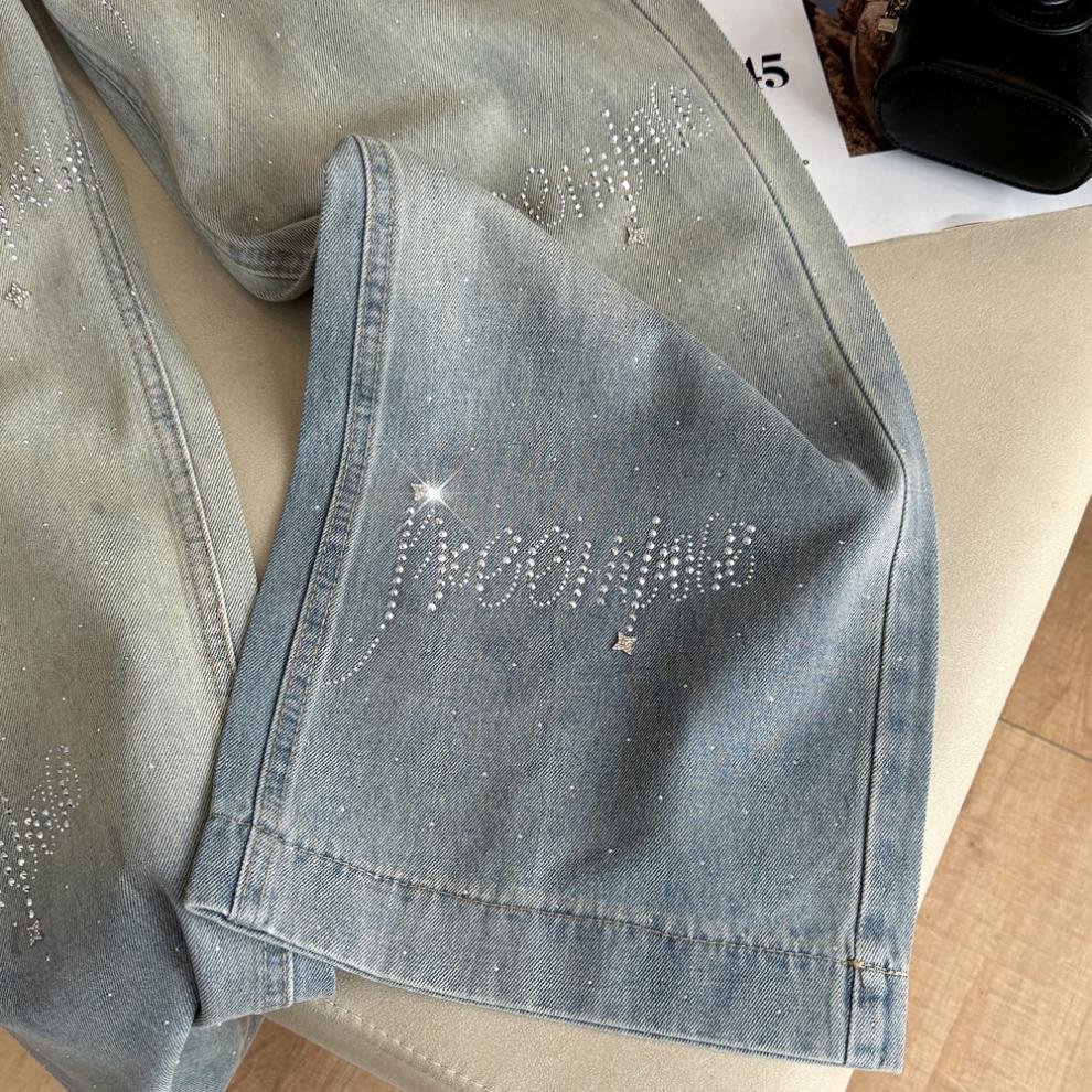 Korean Style Rhinestone Inlaid Gradient Washed High Waist Denim Pants - Women's Straight & Wide Leg Options.