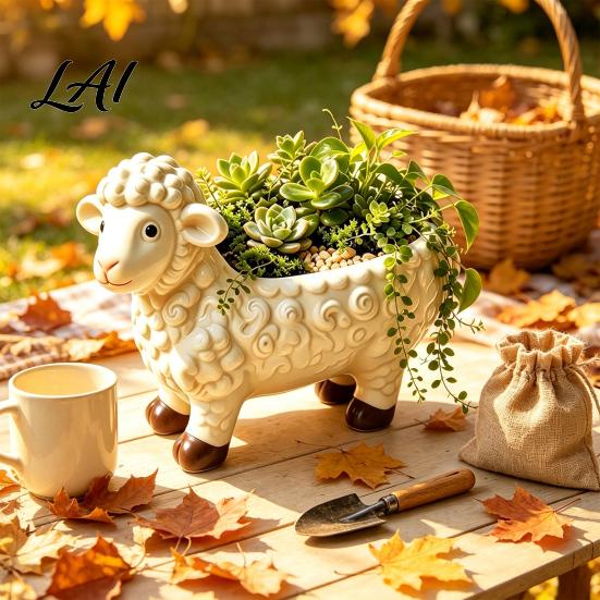 Childlike Gift for Plant Lovers Curly Sheep Planter Pot Resin Cute Lamb Flower Decorative Small Green Vessel Animal Pot Succulents Cacti Indoor