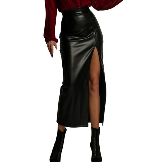 

Midi Skirt High Waist Artificial Leather Hip Skirt with Slit Design Pure Color Slimming Fit Office Lady Skirt Work Leisure Daily Wear S чорний