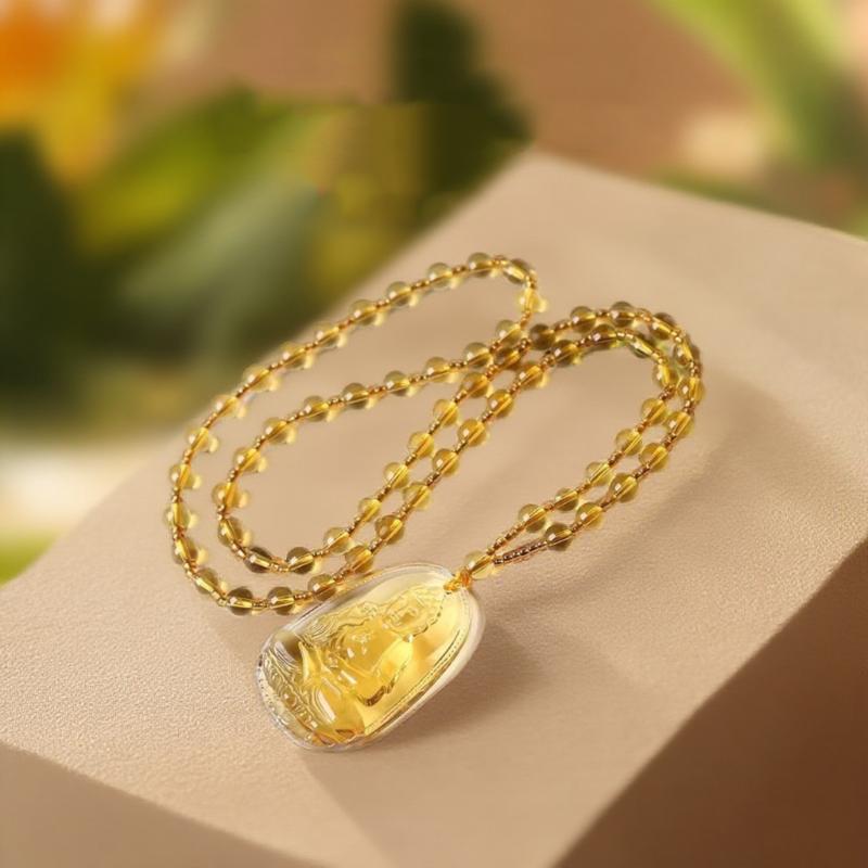 Yellow Crystal Necklace Long Sweater Chain Manjushri Pendant Amitabha Pendant Unisex Gift