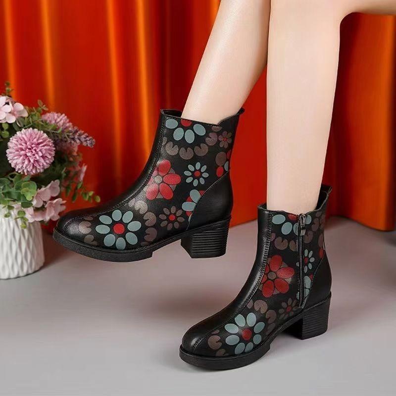 Retro Women's Ankle Boots 2024 Winter High Quality Pu Leather Ethnic Print Ladies Booties Comforta Mid Heel Round Toe Mom Shoes