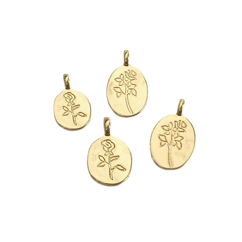 Copper-Plated 14K Gold Double-Sided Floral Rose Oval Tag Pendant Charm C-350 1 piece (Floral Pattern)