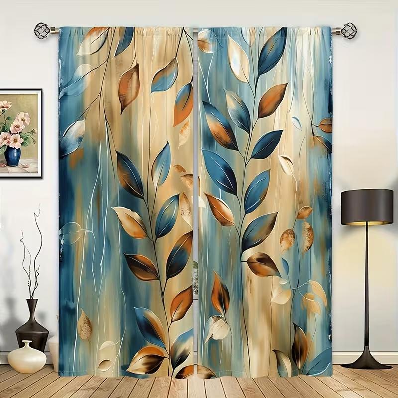 

2pc Blue-Gold Leaf Shadow Curtains, Chinese Pastoral Style, Suitable for Bedrooms & Living Rooms, Rod Pocket Decorative Curtains 53x116CM-2PC
