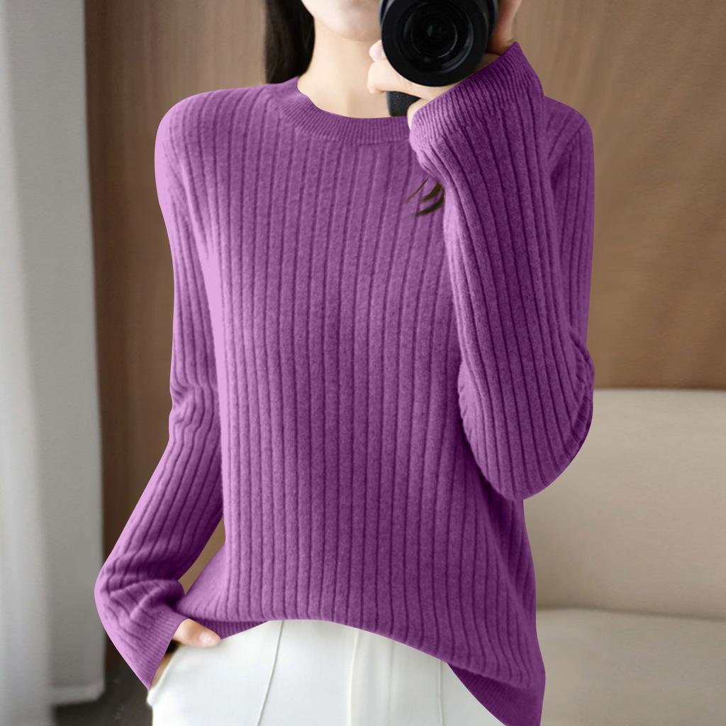 Damenmode Locker Gestrickter Pullover Unterhemd Rundhals Pullover Langarm Einfarbiges Oberteil