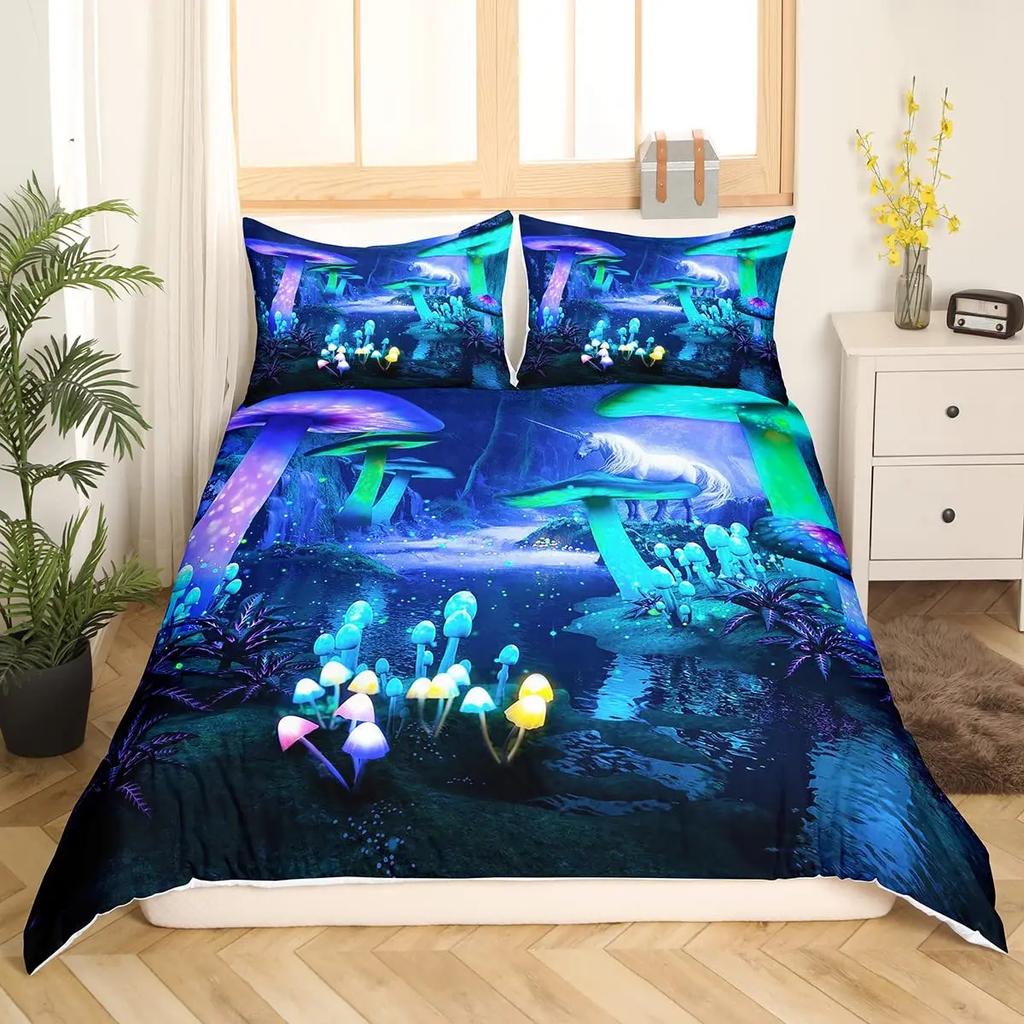 Blue Purple Beding Mushrom Soft Duvet Cover Set Fantasy Galaxy Sky Mushrom Design Psychedelic Young Boys Young Girls Gifts Bedrom Decoration