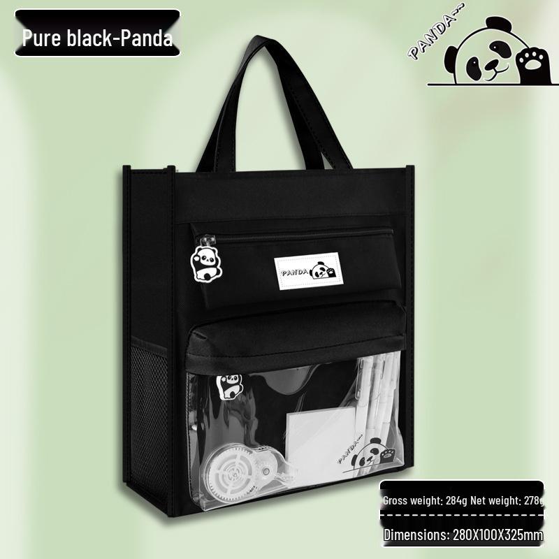 Panda Tutoring Bag: Transparent Canvas Handheld Book Bag for Kids with Extra Large Capacity