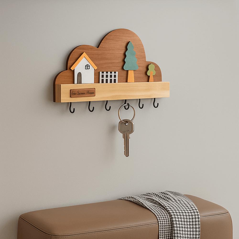 Cloud House Forest Key Storage Holder Solid Wood Decorative Hook  Housewarming Gift