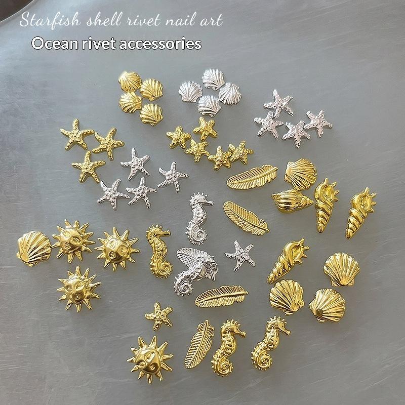 3D Mini Pure Gold Seahorse Shell Nail Charms Creative Copper Slice Conch Star Alloy Nail Art Decorations Diy Y2K Nails Supplies