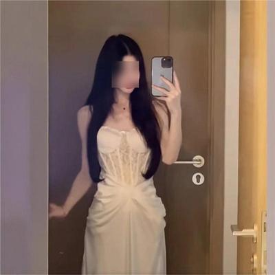 Celebrity Fishbone Lace Suspender Dress Temperament Light Mature Style Summer Solid Color Waist Evening Dress Dress