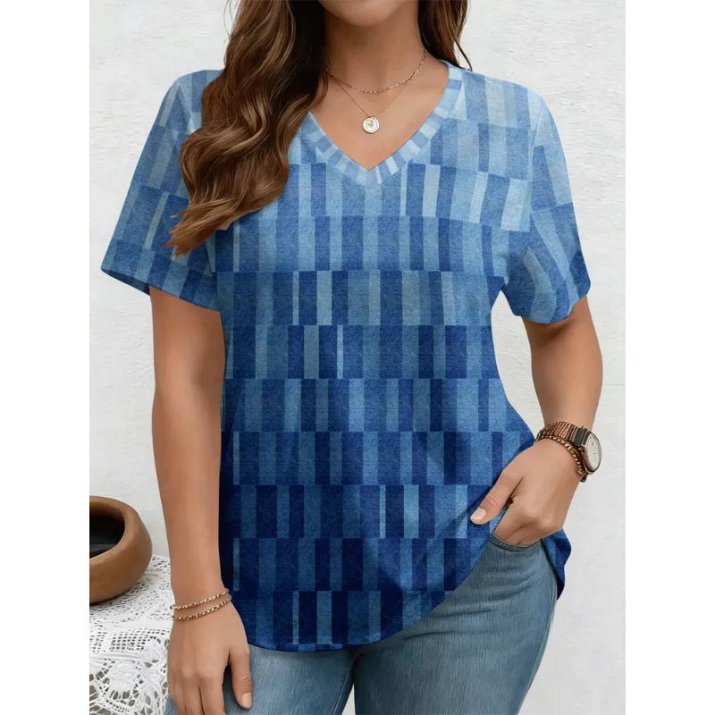 Fashion Women's V-Neck Short Sleeve 3D Casual Color Printing Casual Short Sleeve V-Neck T-Shirt