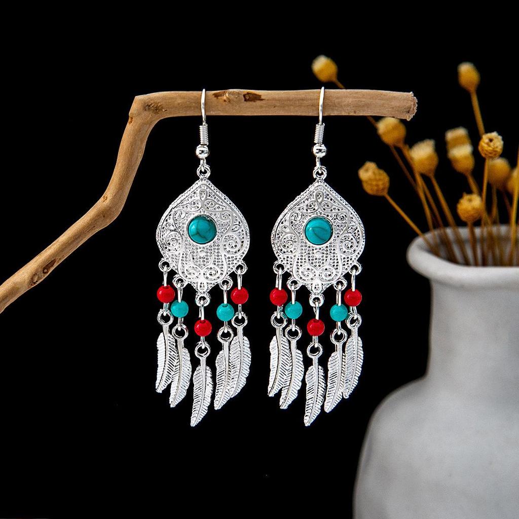 Bohemian Ethnic Tassel Earrings In Miao Silver with Turquoise