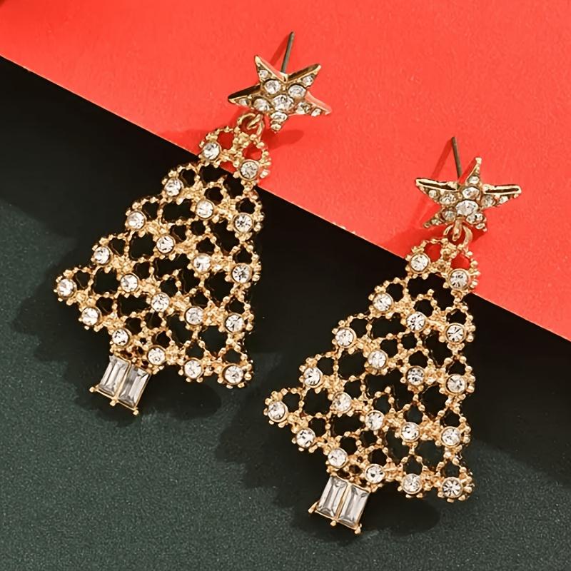 1 Pair Christmas Tree Earrings for Women, Golden-Tone Party Jewelry with Sparkling Synthetic Stones, Unique Tree Design for Holiday Celebrations
