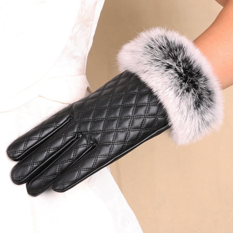 Warm gloves women pu leather gloves rabbit fur mouth touch screen cute driving cold velvet autumn and winter gloves