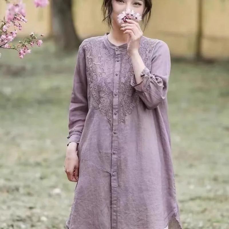 Women's Khaki Embroidery Long Sleeve Blouse Round Neck Button Front High-Low Hem Loose Casual Elegant Top