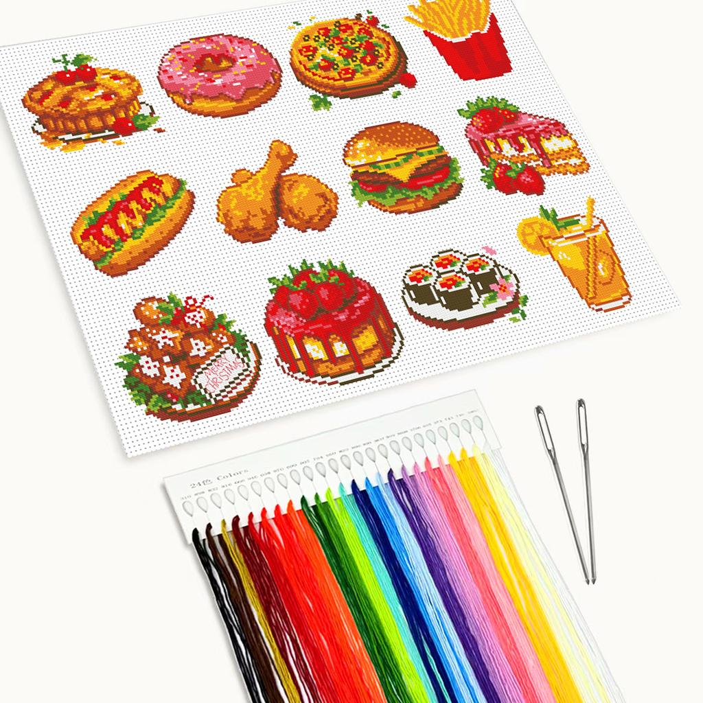 Stitch Kit for Beginners, 12 Cute Western Food Patterns, DIY Embroidery Set