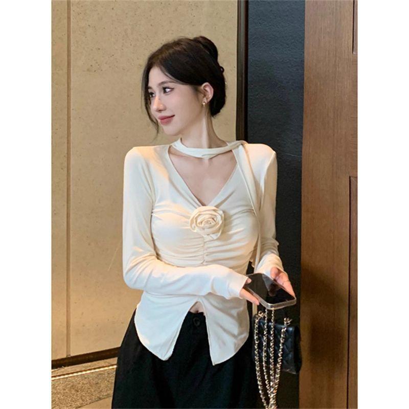 Long Sleeve Spliced Ruffle Flower V Neck T Shirt For Women Spring Slim Fit Top