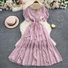 French temperament lace-up V-neck short-sleeved dress for women's summer elastic waist and thin big pendulum ruffle edge long skirt