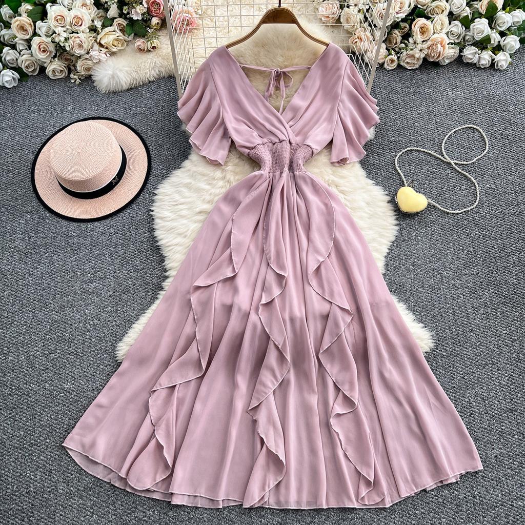 French temperament lace-up V-neck short-sleeved dress for women's summer elastic waist and thin big pendulum ruffle edge long skirt