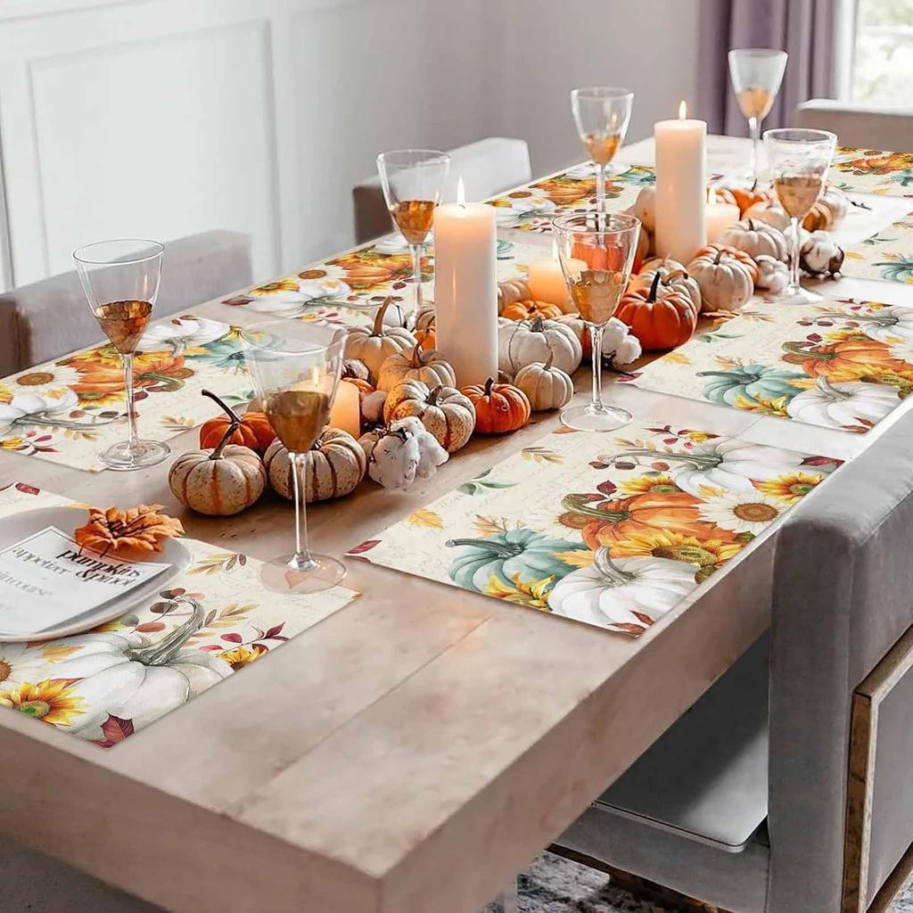 Fall Placemats Set of 6 Thanksgiving Pumpkin Table Mats, Farmhouse Sunflower Seasonal Holiday Outdoor Dining Table Place Mats for Home Party